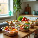 Здоровая домашняя кухня с блюдами для похудения и фитнес-оборудованием на столе