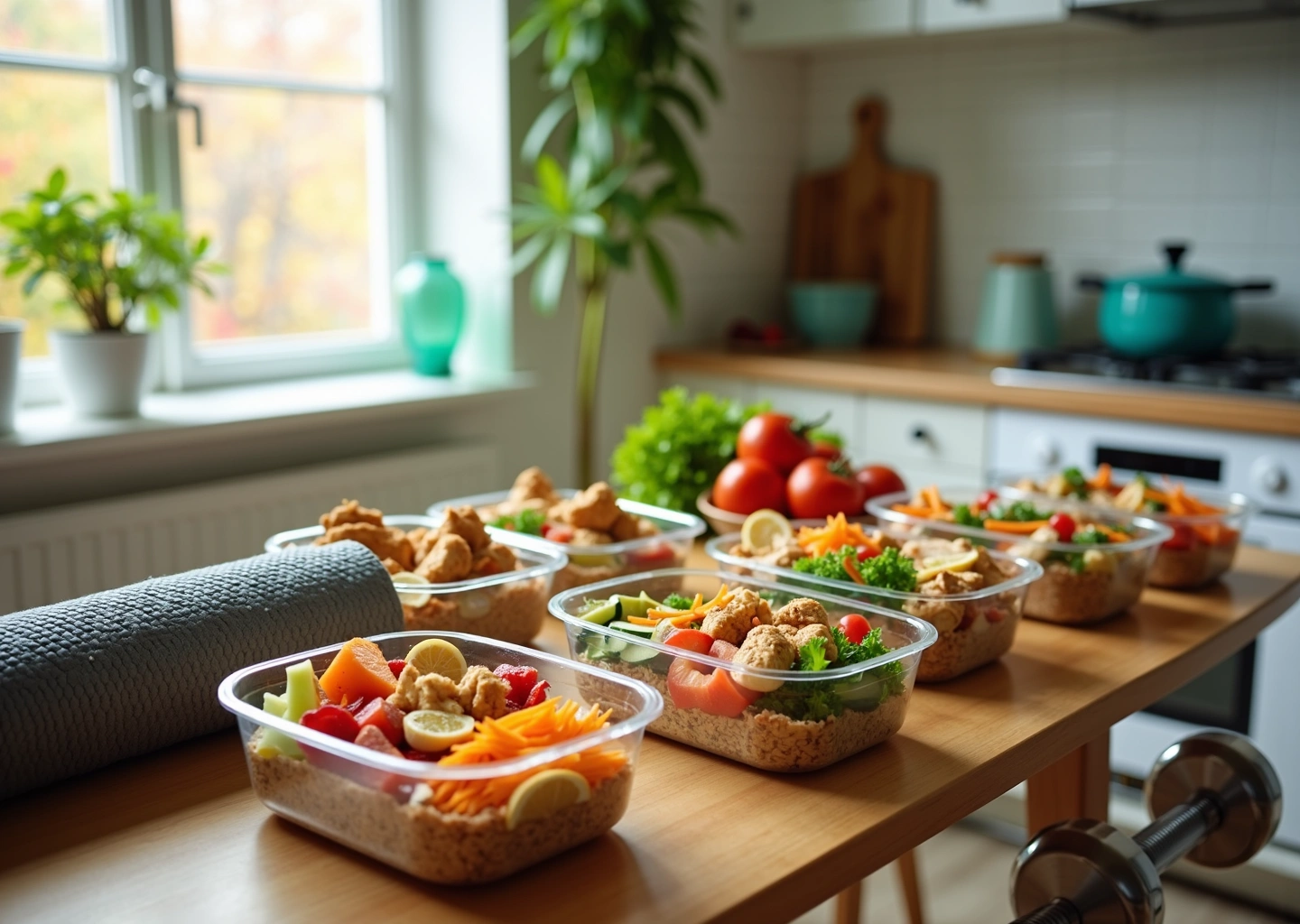 Здоровая домашняя кухня с блюдами для похудения и фитнес-оборудованием на столе