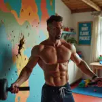 Человек с мышечной массой преодолевает плато в домашних условиях на фоне спортивного оборудования и здоровой пищи