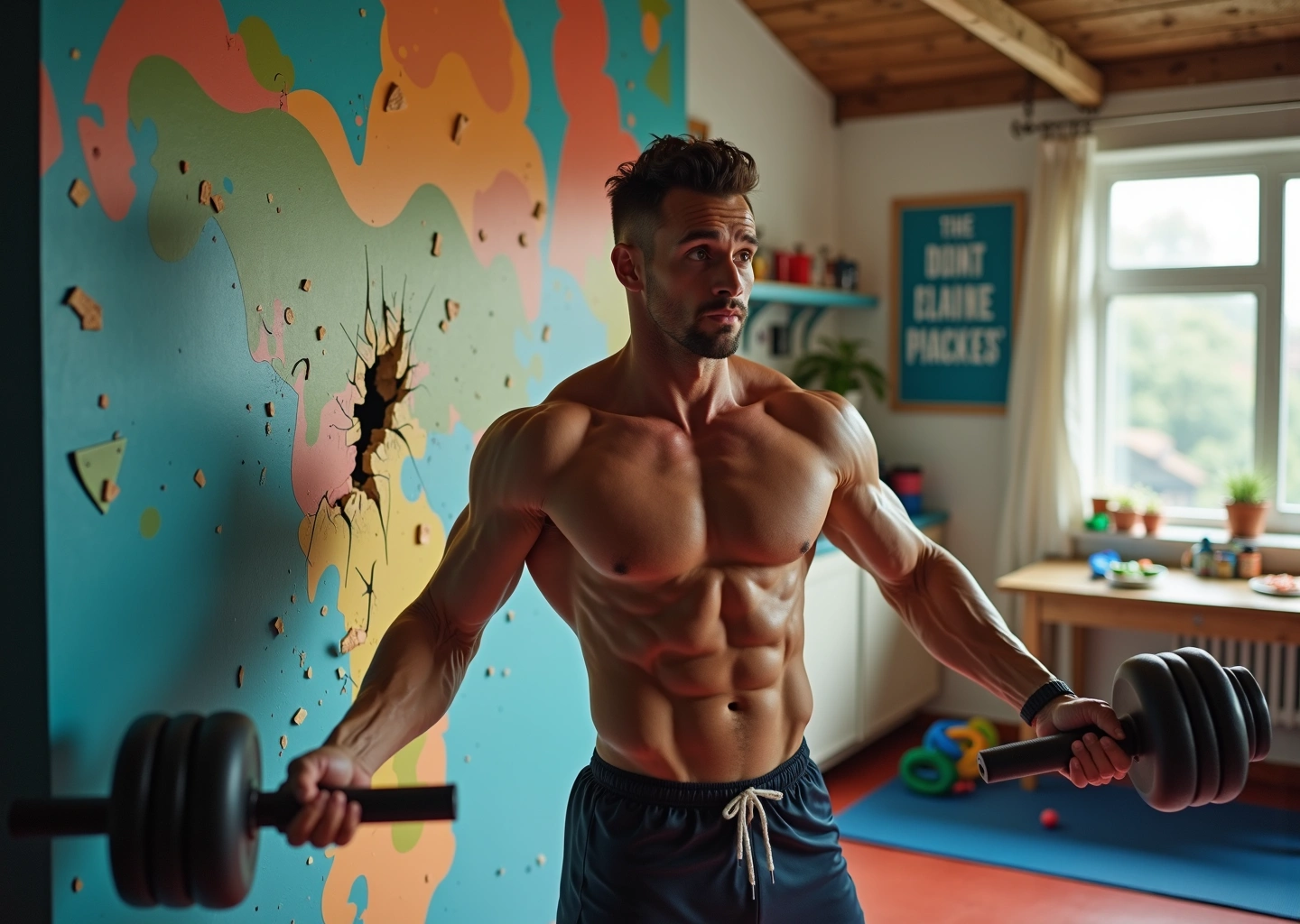Человек с мышечной массой преодолевает плато в домашних условиях на фоне спортивного оборудования и здоровой пищи