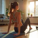 Женщина выполняет упражнение ягодичный мостик дома на коврике для фитнеса