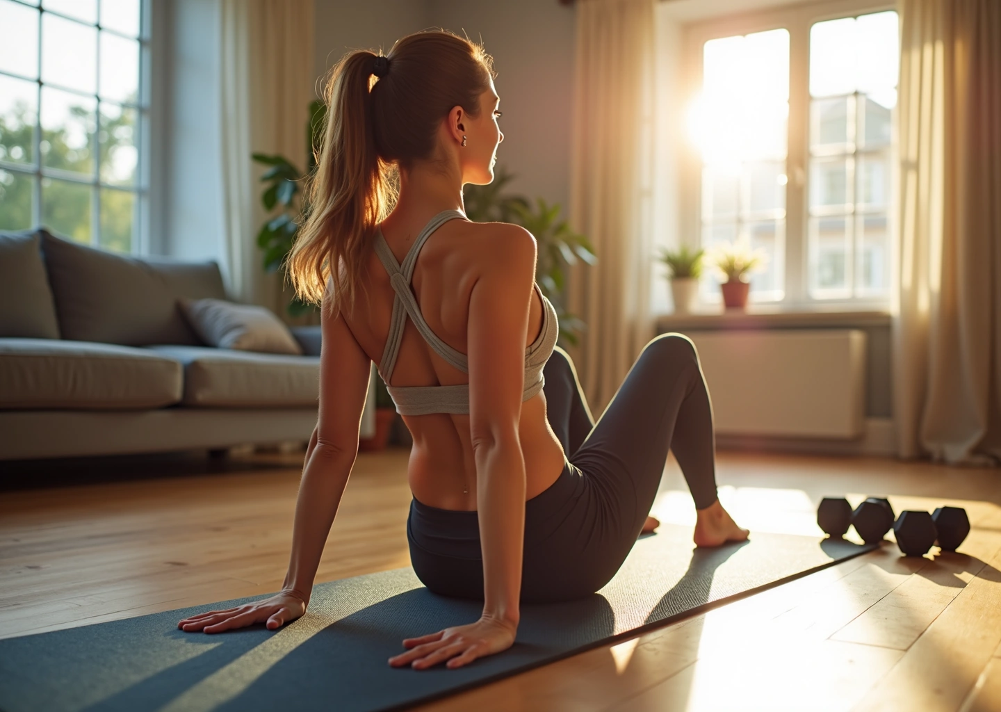 Женщина выполняет упражнение ягодичный мостик дома на коврике для фитнеса